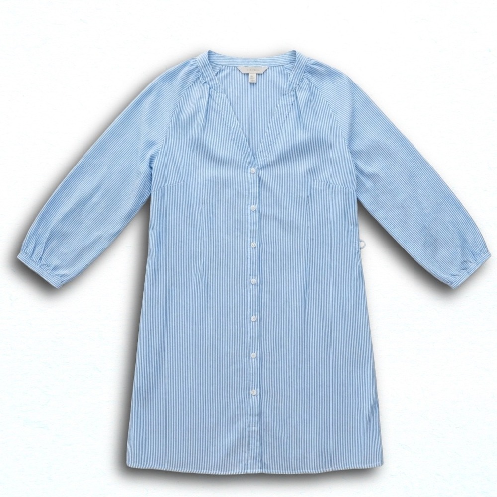 A New Day Blue White Striped Button Down Shirt Dress V-Neck 3/4 Sleeve Medium